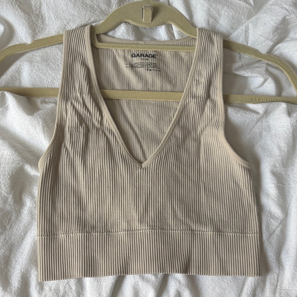 Garage Ribbed V-Neck Cropped Tank Top - Beige